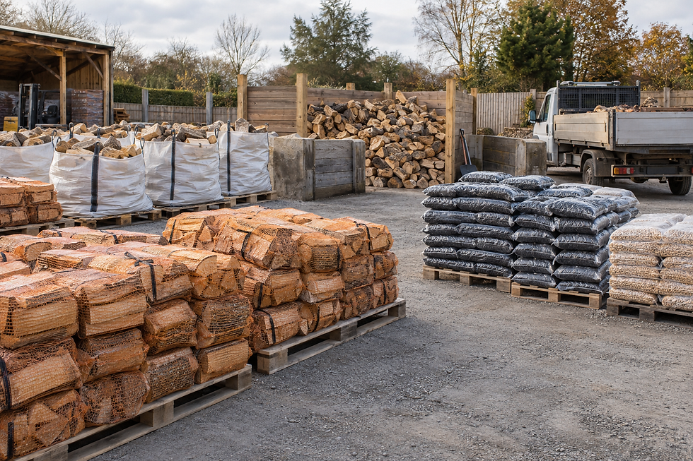 Stacks of firewood and bags of fuel are organised on pallets in an outdoor storage area.