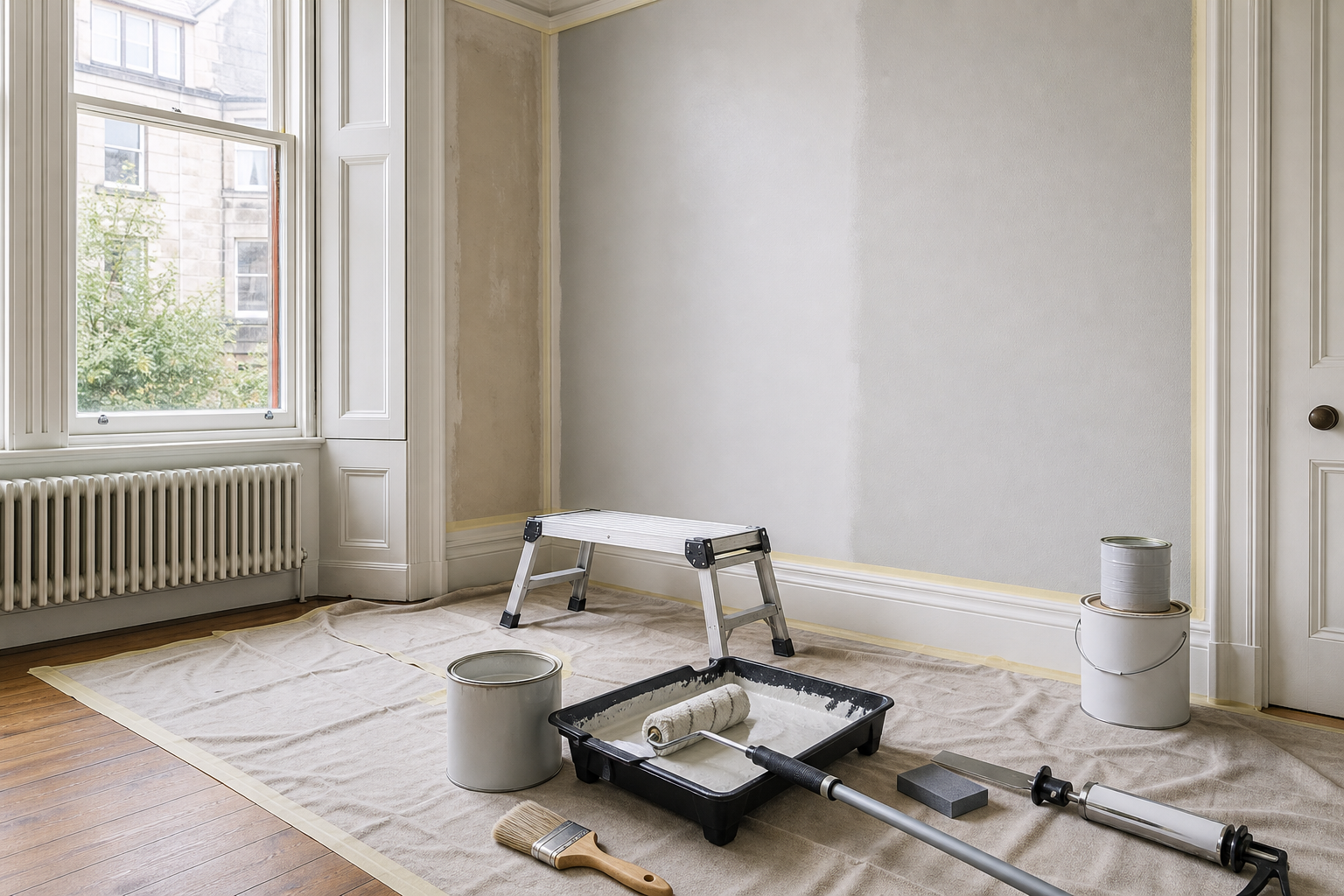 Room being painted with supplies on a drop cloth near a window.