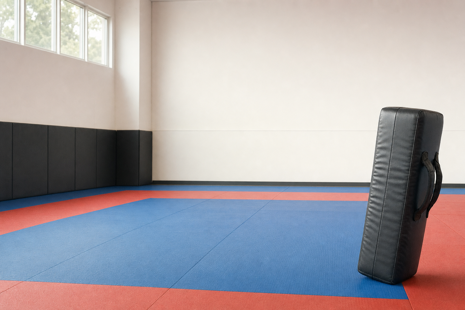 A black punching pad stands upright on a red and blue mat in a martial arts studio.