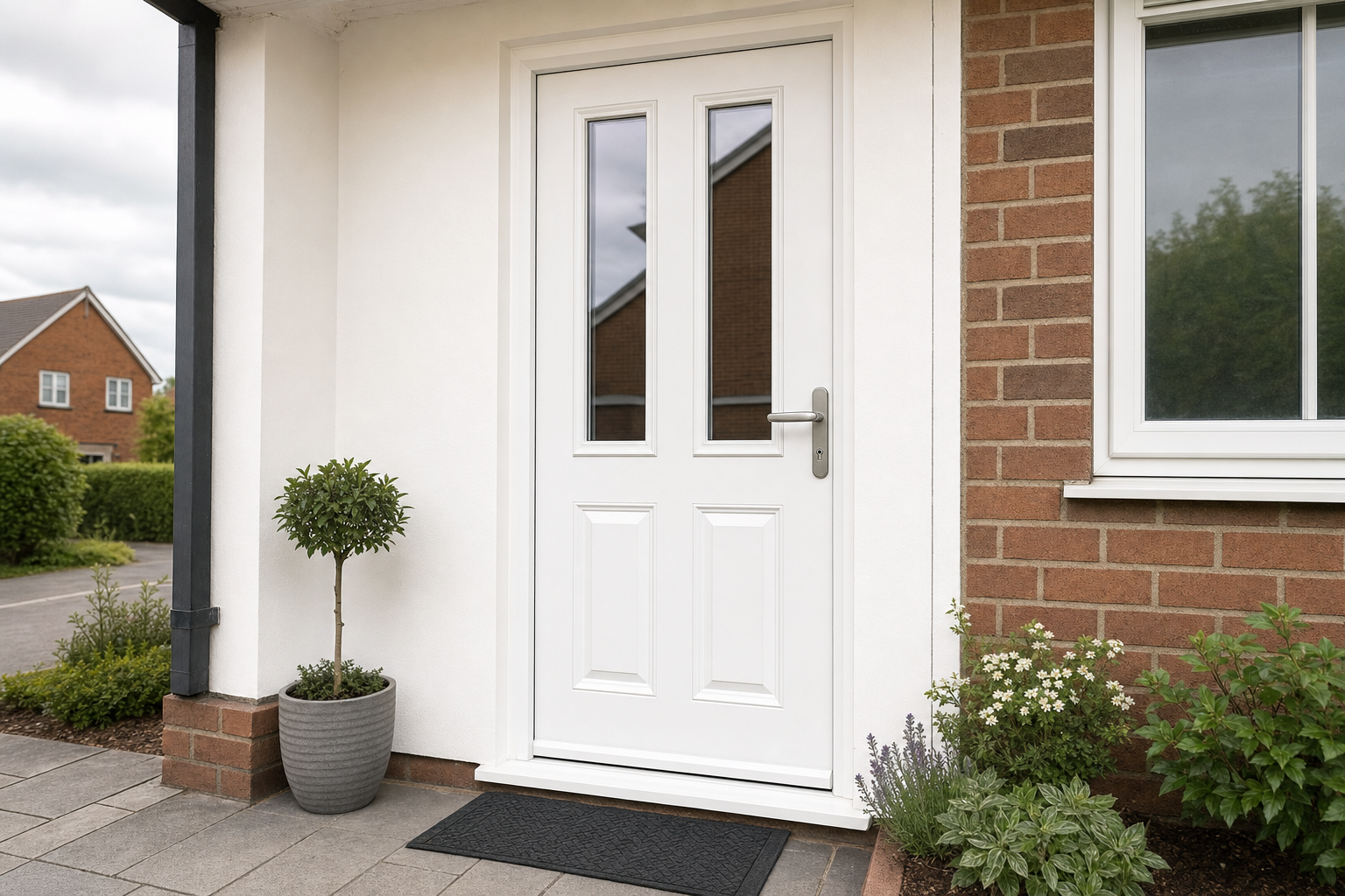 White front door with glass panels, surrounded by brick and white walls, with potted plants on either side.