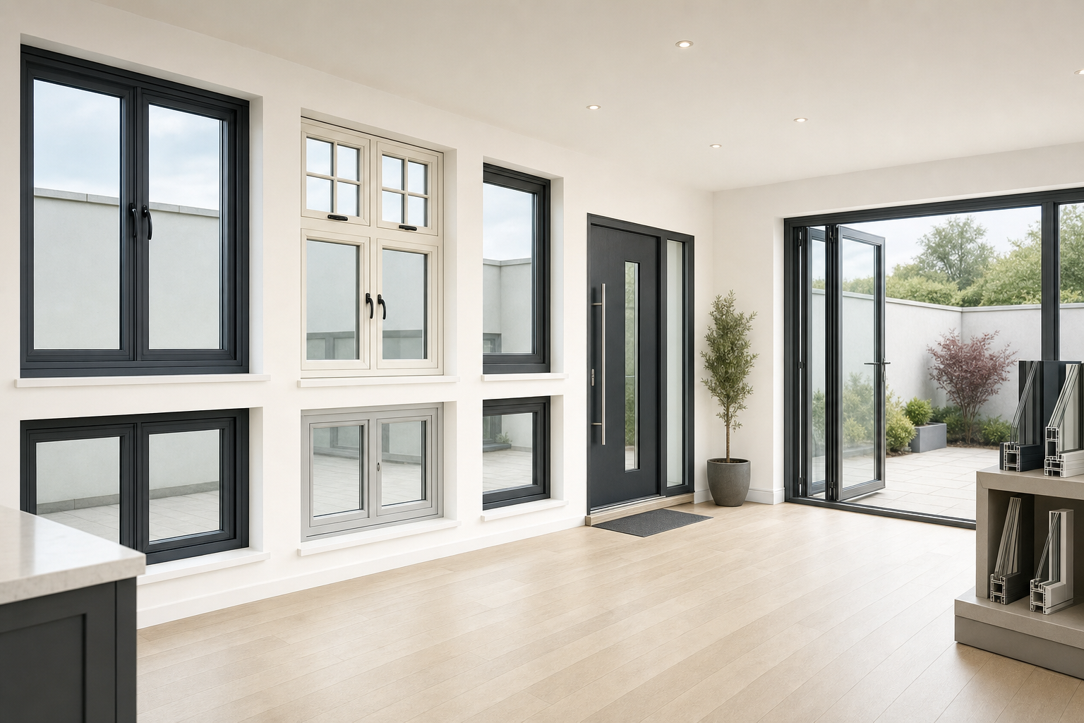 Modern interior with large windows and doors opening to a patio, featuring a potted plant and tiled flooring.