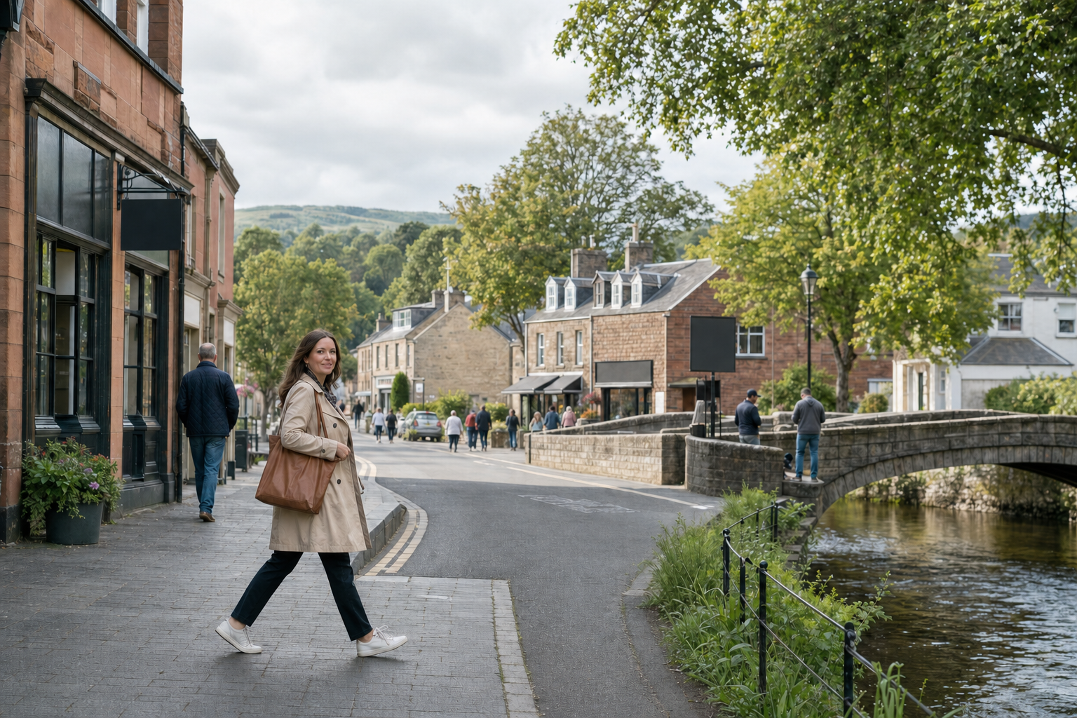 A woman in a trench coat walks along a quaint village street with a stone bridge and river visible.