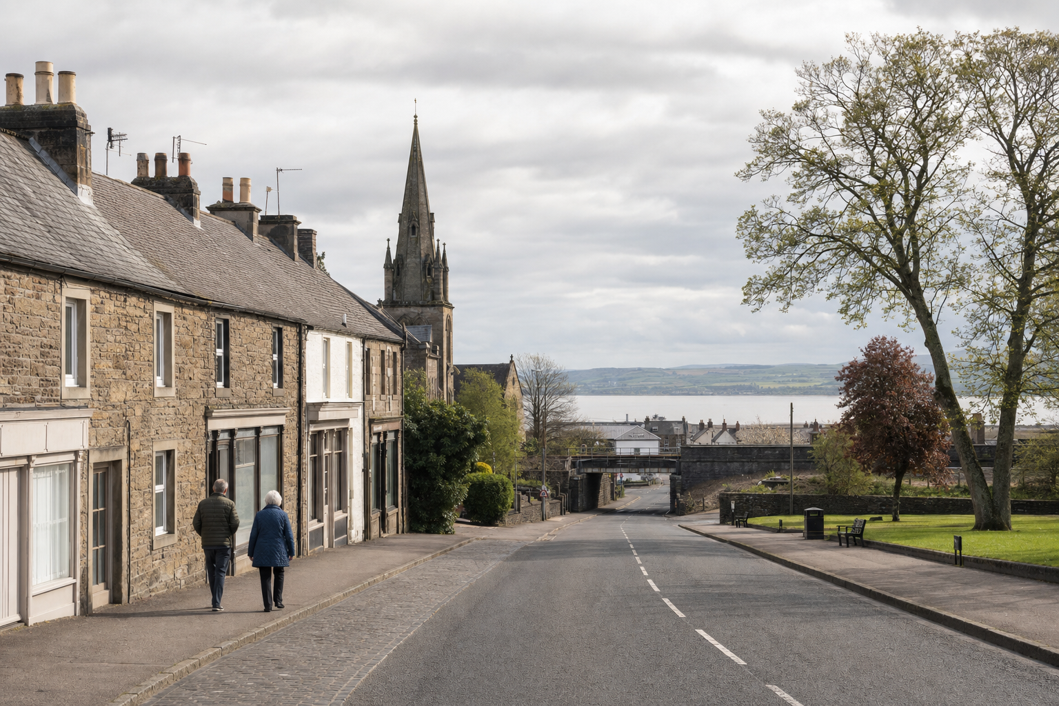 A quiet street in a historic village with stone buildings, a church spire, and people walking under a cloudy sky.