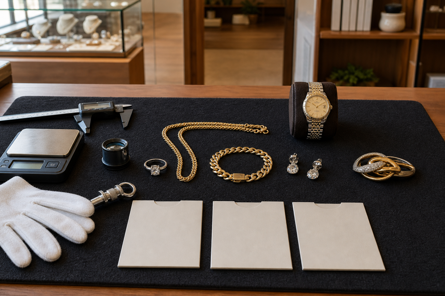 Jewelry assessment setup with gold items, a watch, and evaluation tools.