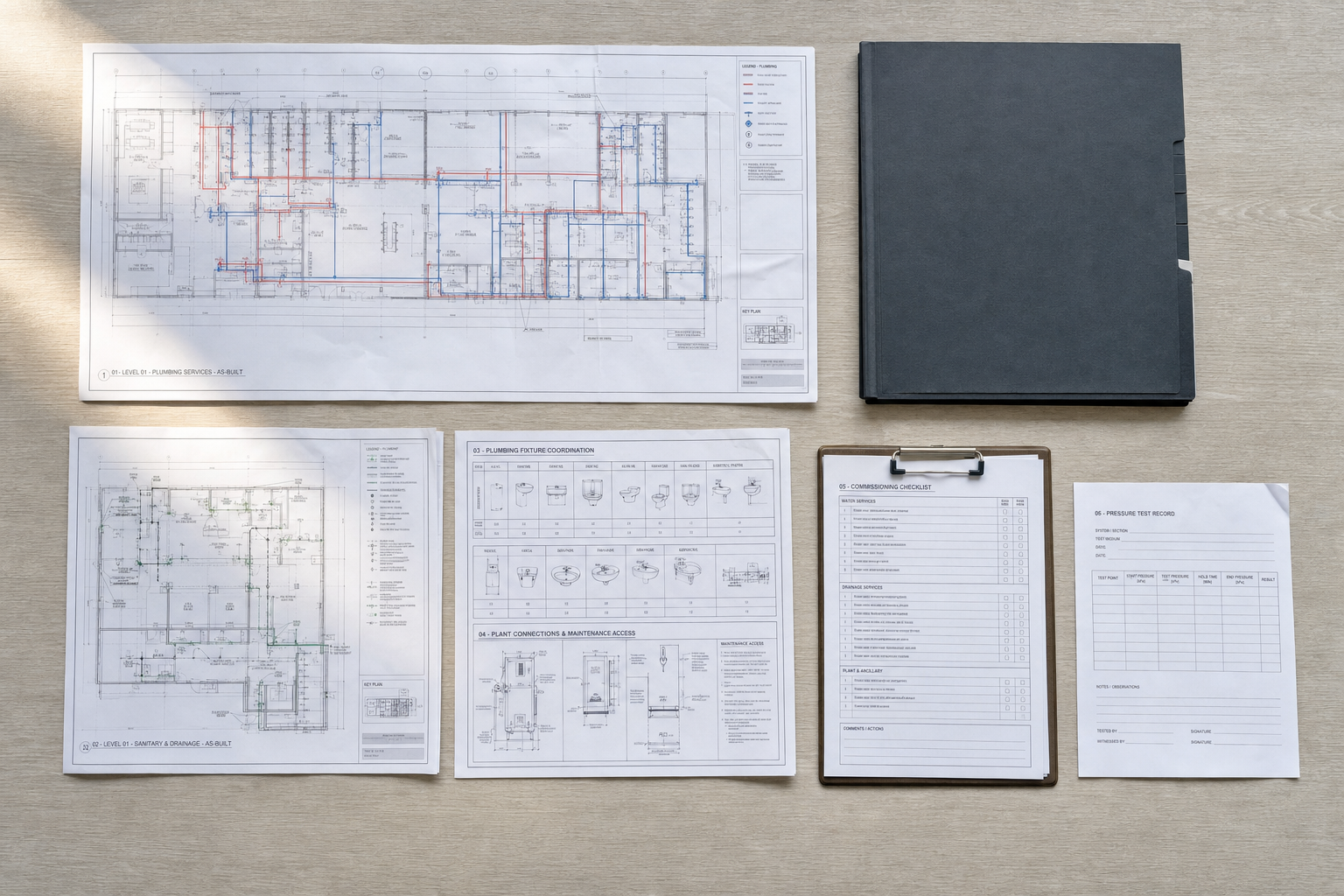 Architectural and plumbing blueprints spread on a table alongside a black folder and checklist on a clipboard.