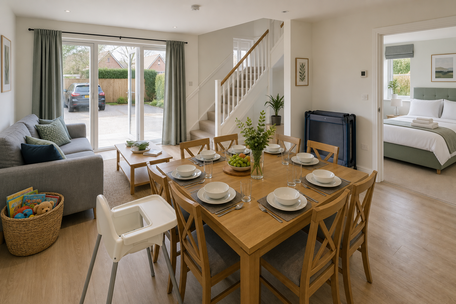 Modern open-plan living area with dining table, sofa, and view of a bedroom and car through French doors.
