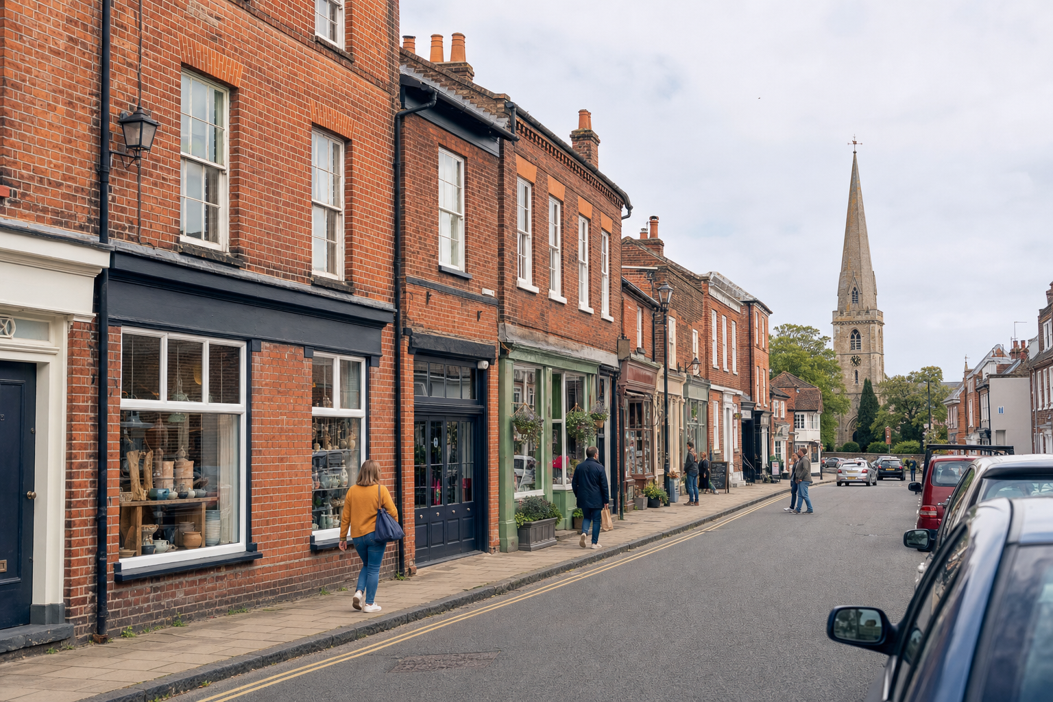 People walking along a quaint British high street with red brick buildings and a church spire in the background.