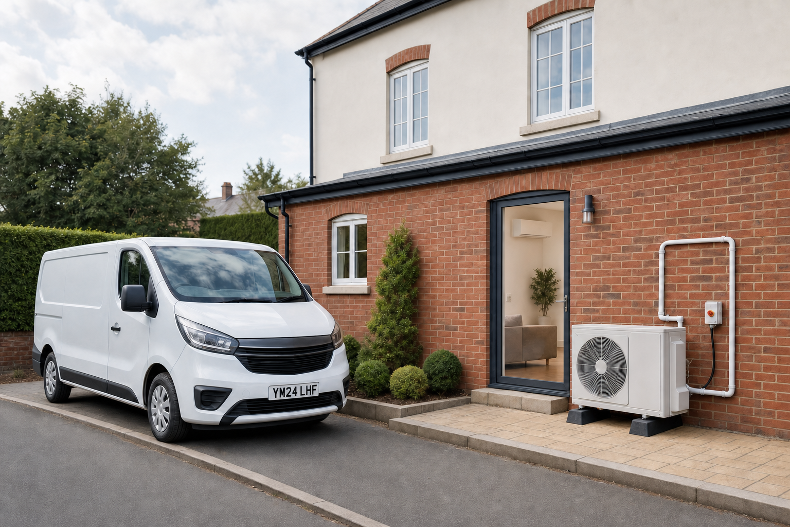 A white van parked outside a brick house with a glass door and a heat pump installed on the wall.