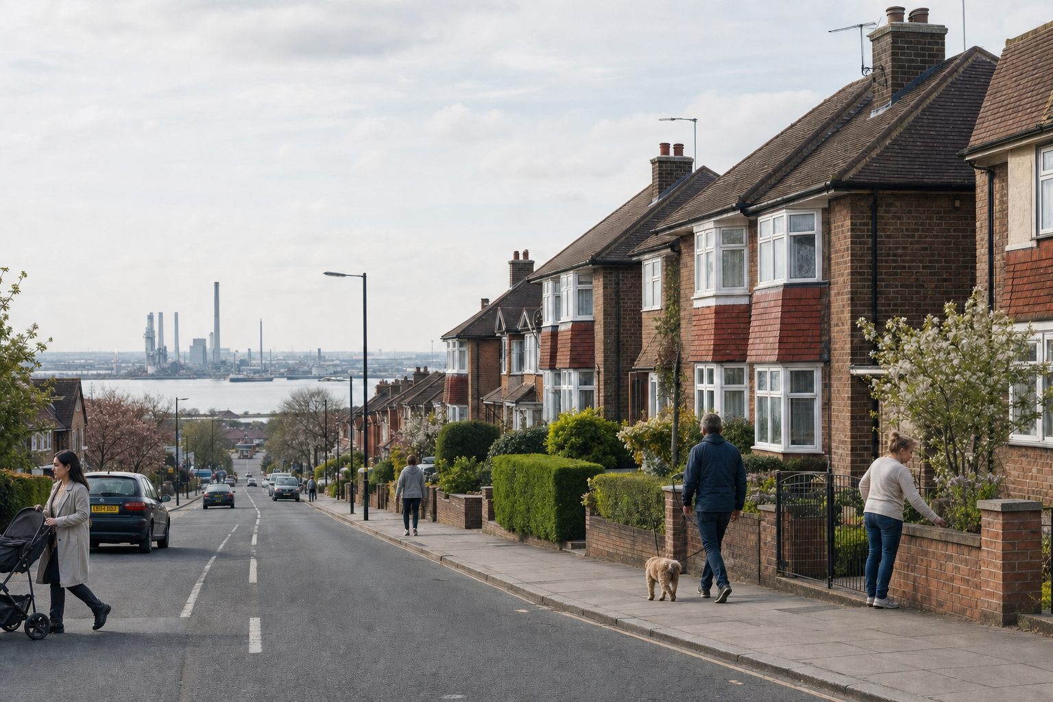 A suburban street with people walking and houses lining the road, industrial buildings visible in the distance.