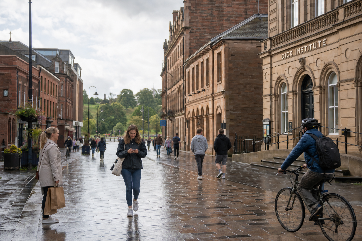 People walk and cycle past the Dick Institute on a wet street lined with historic buildings and trees.