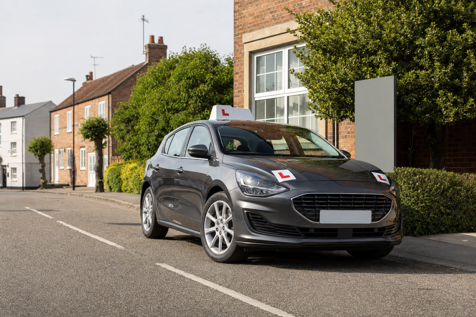 A grey learner driver car with L plates is parked on a suburban street lined with brick houses and leafy trees.