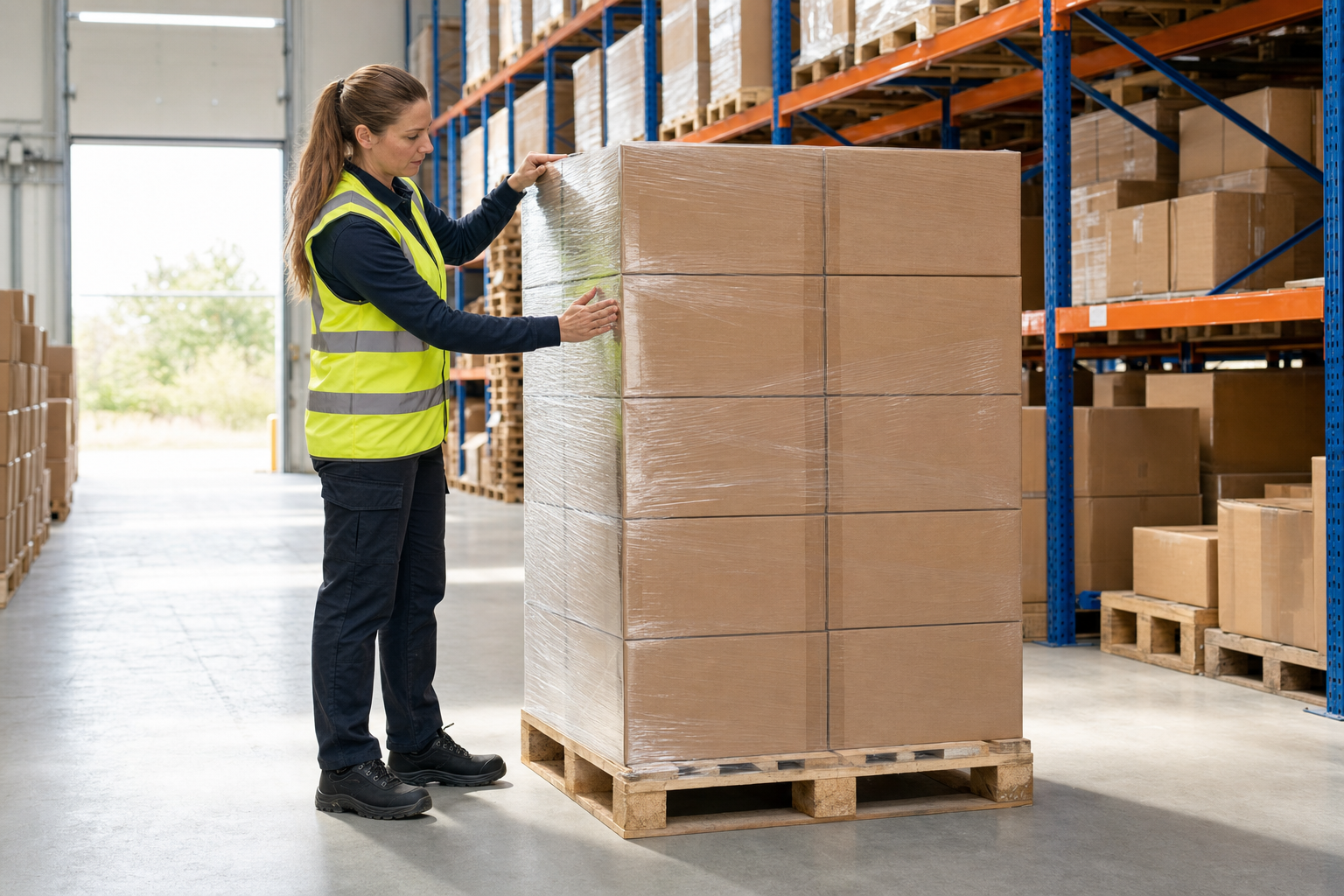 Warehouse worker in a high-visibility vest inspects wrapped pallets of cardboard boxes on a storage floor.