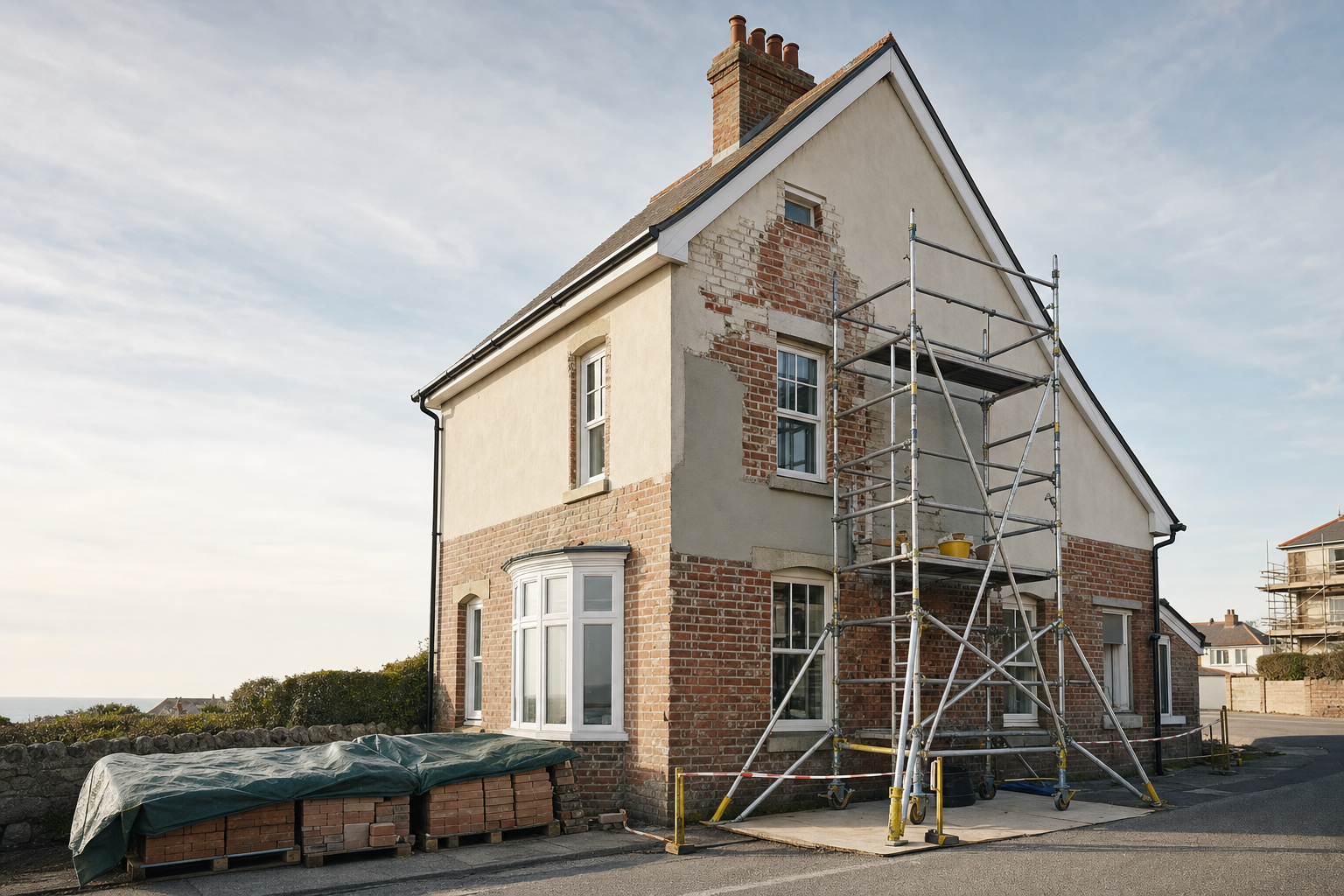 Scaffolding set up against a partially rendered brick house for renovation work.