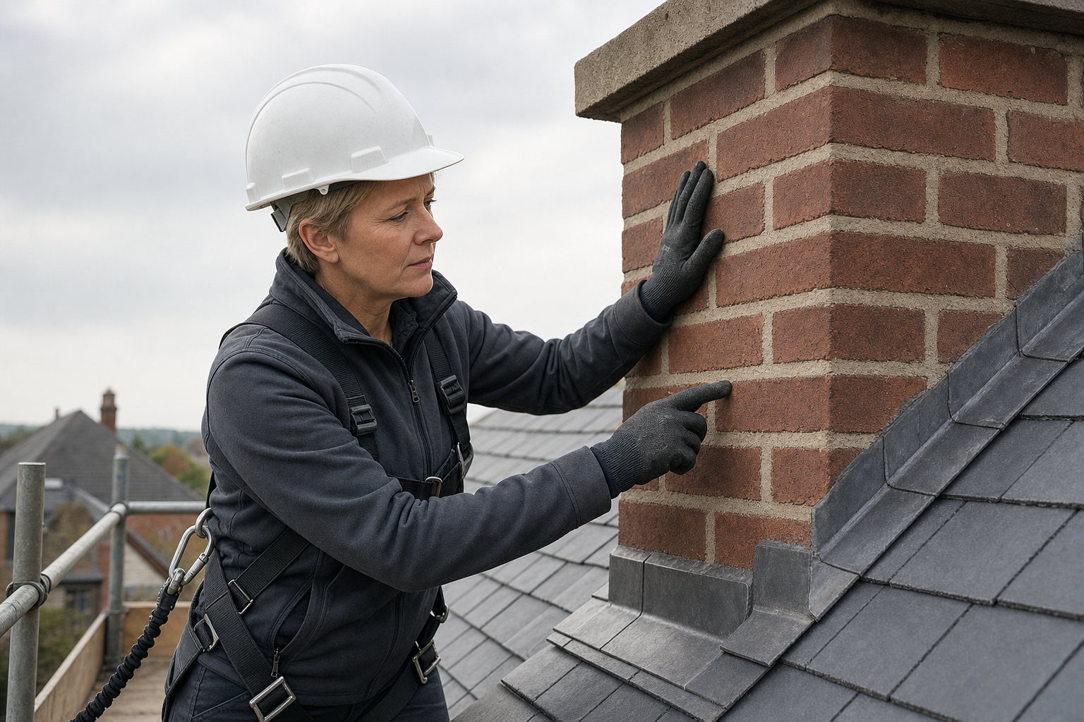 A person wearing a hard hat and safety gear inspects a brick chimney on a roof.