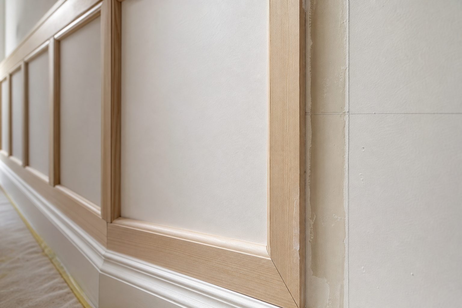Close-up of a wooden panel with a detailed, bordered edge against a smooth, white wall.