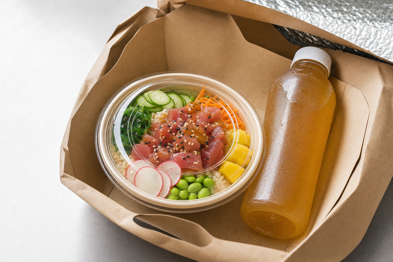 A poke bowl with tuna, vegetables, and grains sits beside a chilled drink in a takeaway paper bag.
