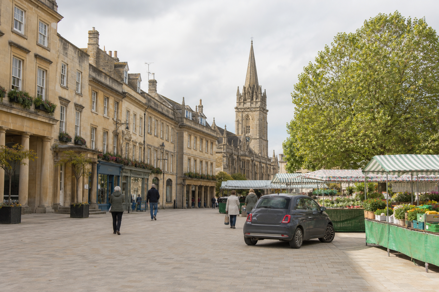 A bustling town square features historic buildings, a church tower, and market stalls with flowers, under a cloudy sky.
