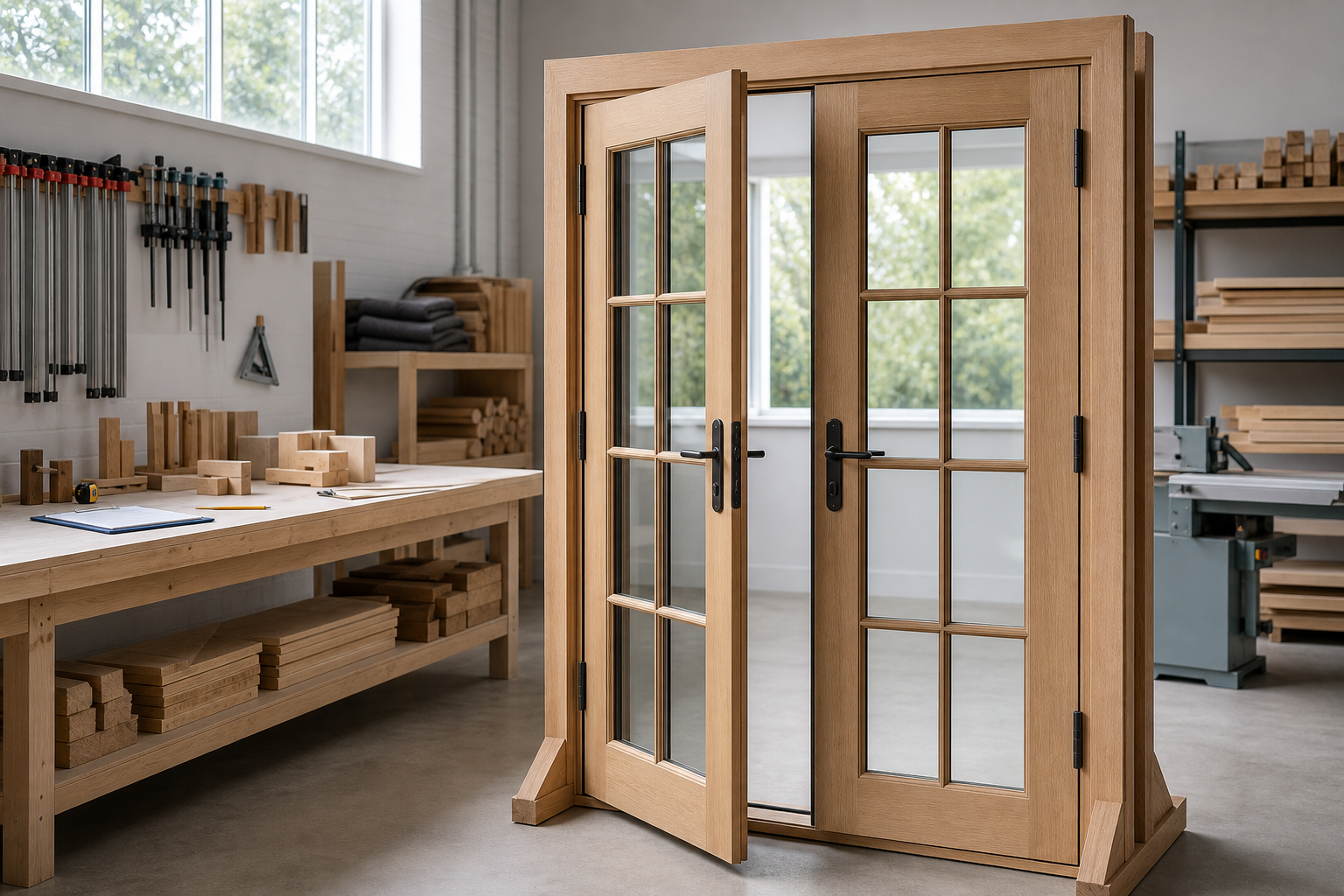Wooden double doors with glass panels in a carpentry workshop.