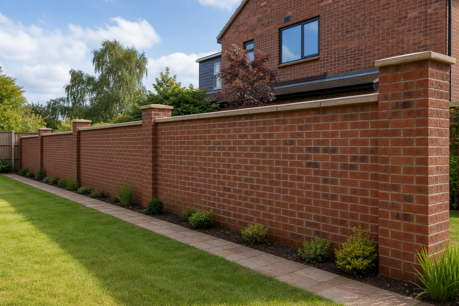 A red brick garden wall with planted shrubs, adjacent to a modern two-storey house under a blue sky.