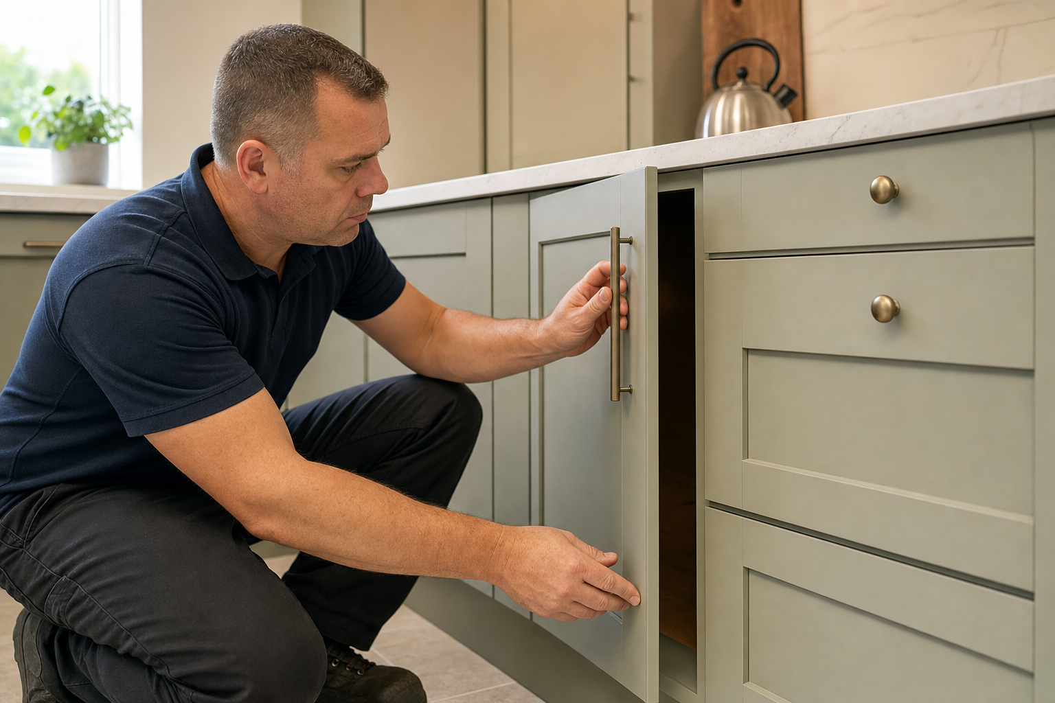 A man inspecting a kitchen cupboard door in a modern kitchen setting.