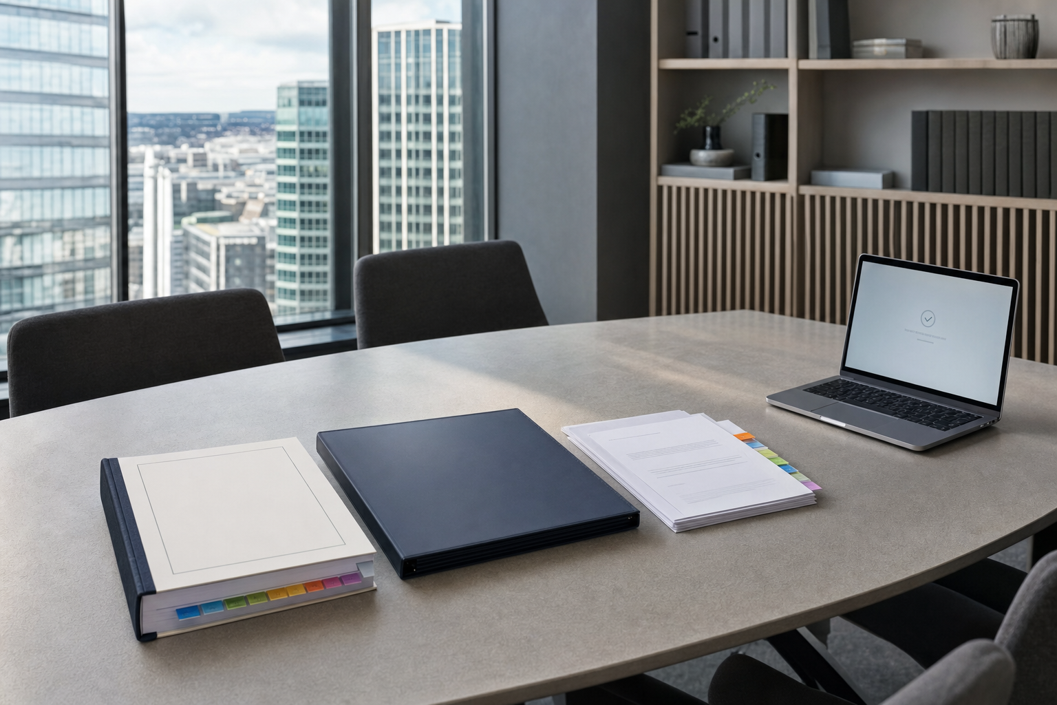 A modern conference room with a table, laptop, binders, and a view of city skyscrapers through large windows.