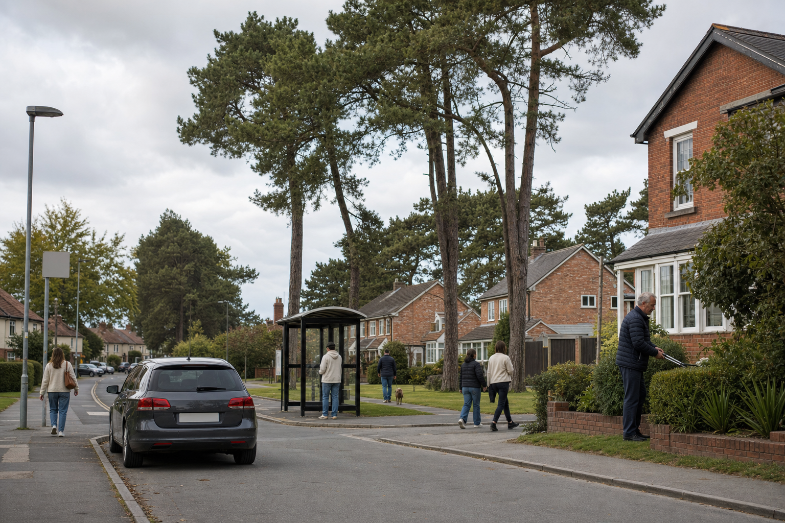 A quiet suburban street with a man trimming hedges and people walking near a bus shelter under tall pine trees.