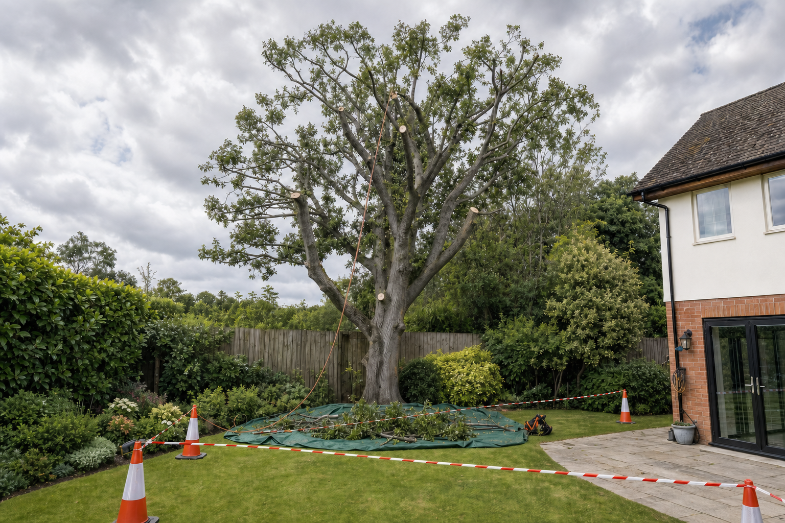 Large tree in a garden being pruned with equipment and safety tape around the area.