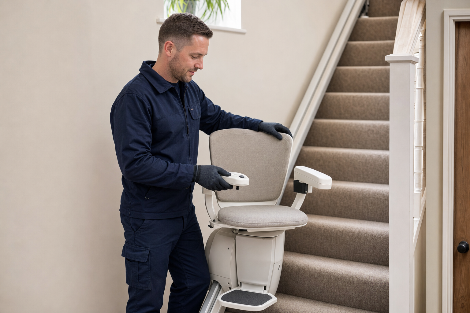 A technician in blue overalls operates a stairlift on a carpeted staircase.