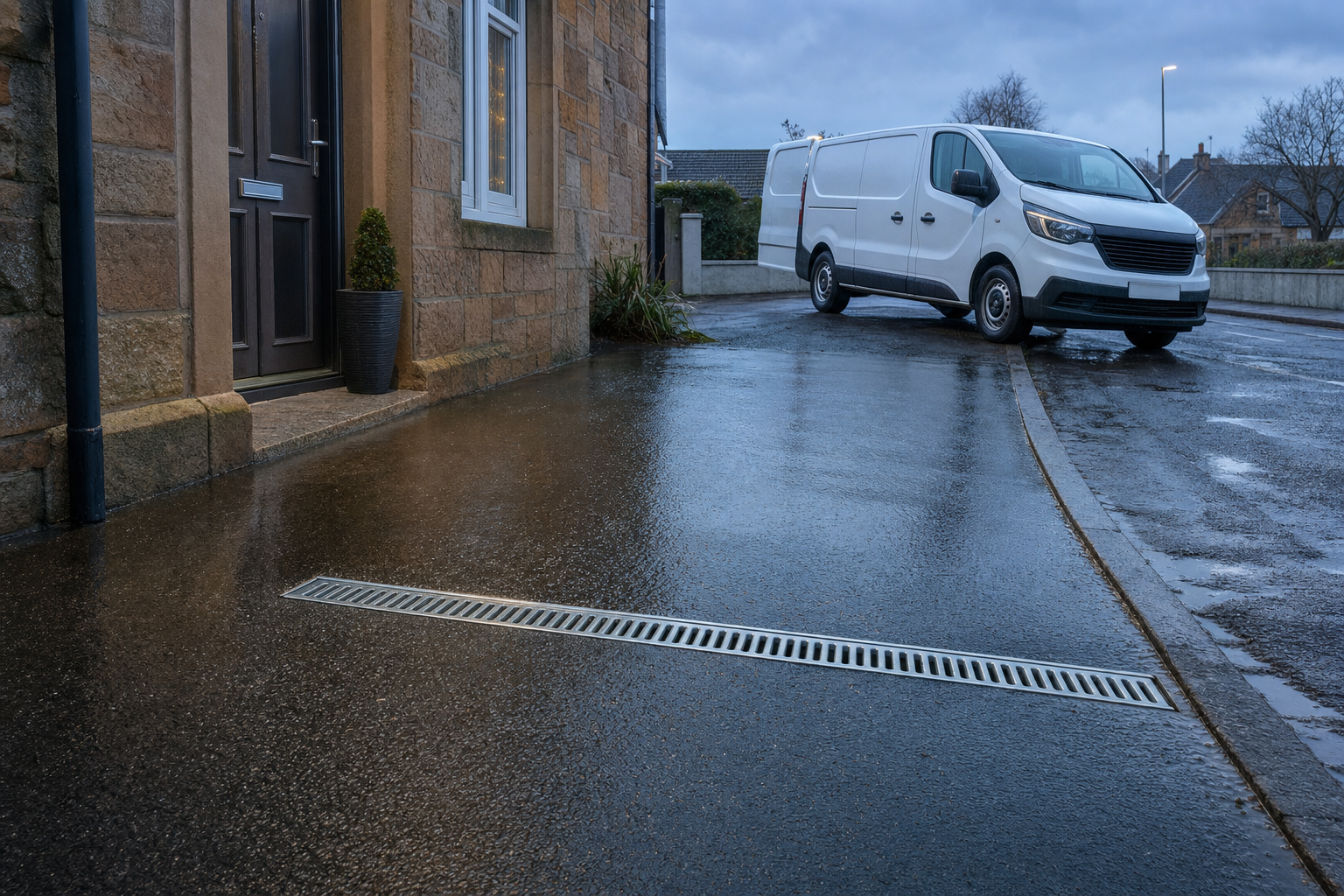 A white van parked on a wet driveway next to a stone house in a residential neighbourhood.