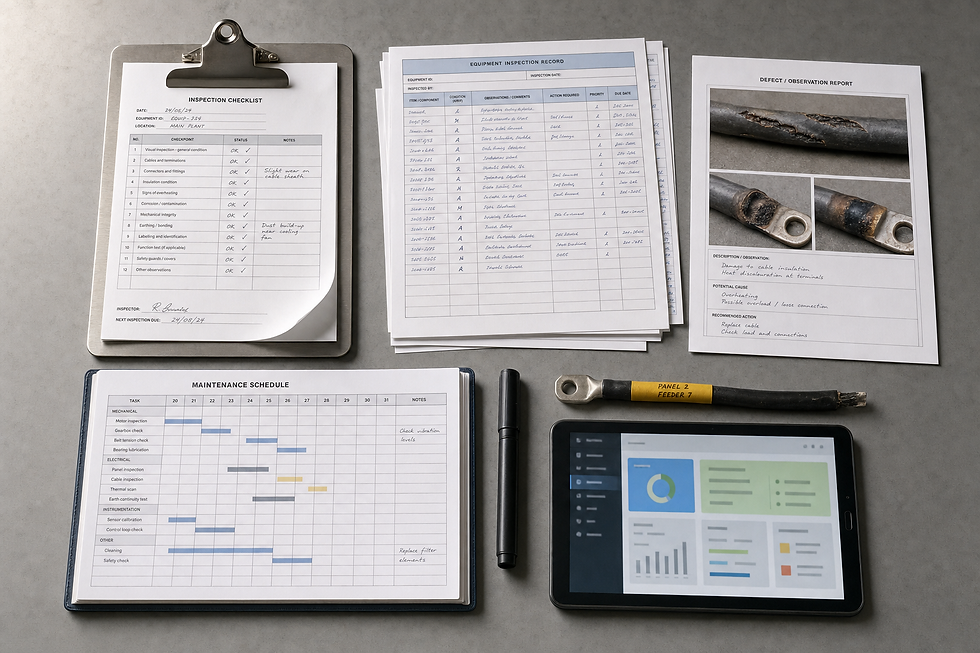 Inspection documents, maintenance schedule, a pen, and a tablet on a grey desk arranged neatly for organisational purposes.
