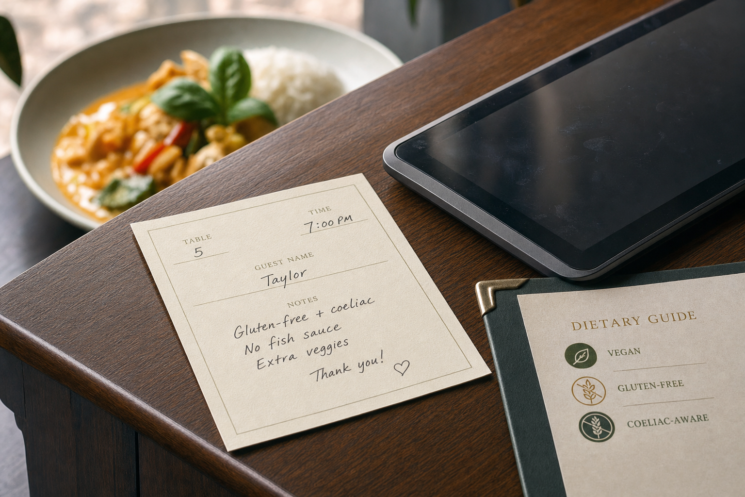 Restaurant table setup with a dietary request note and a tablet next to a dish of curry and rice.
