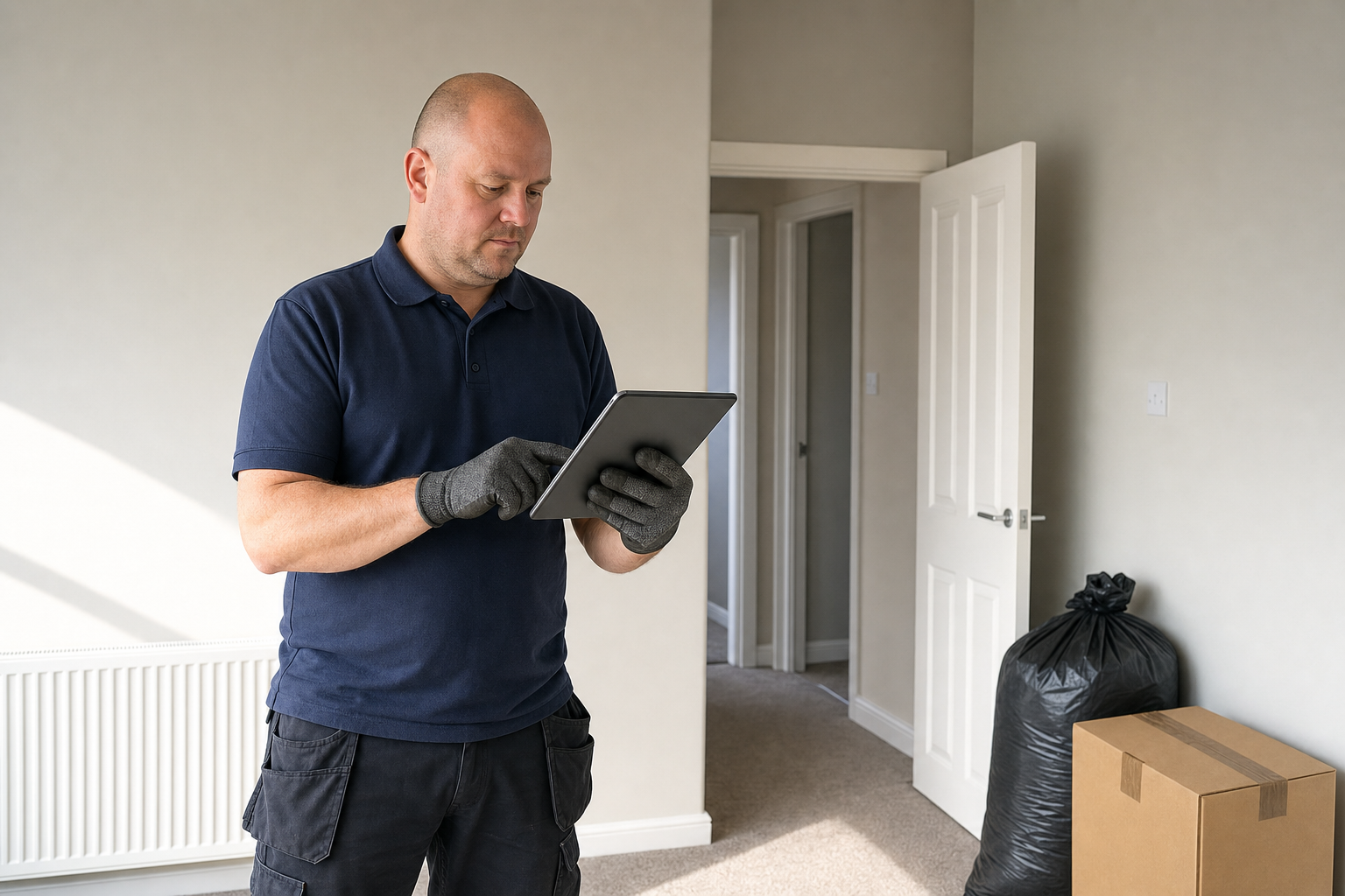 Man in a blue shirt using a tablet in an empty room with a cardboard box and black bin bag.