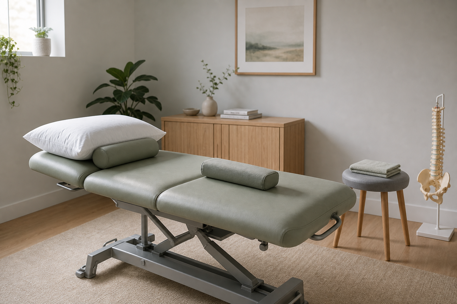 A massage therapy room with a green treatment table, wooden cabinet, potted plants, and a spine model on display.