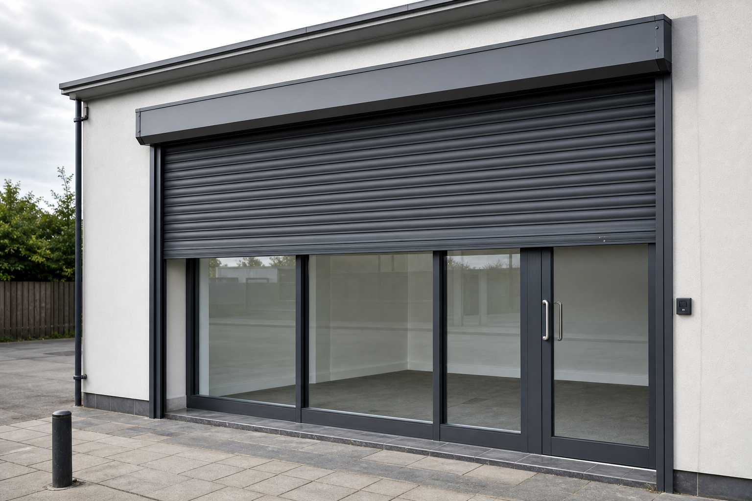Roller shutter door with adjacent glass windows on a modern commercial building.