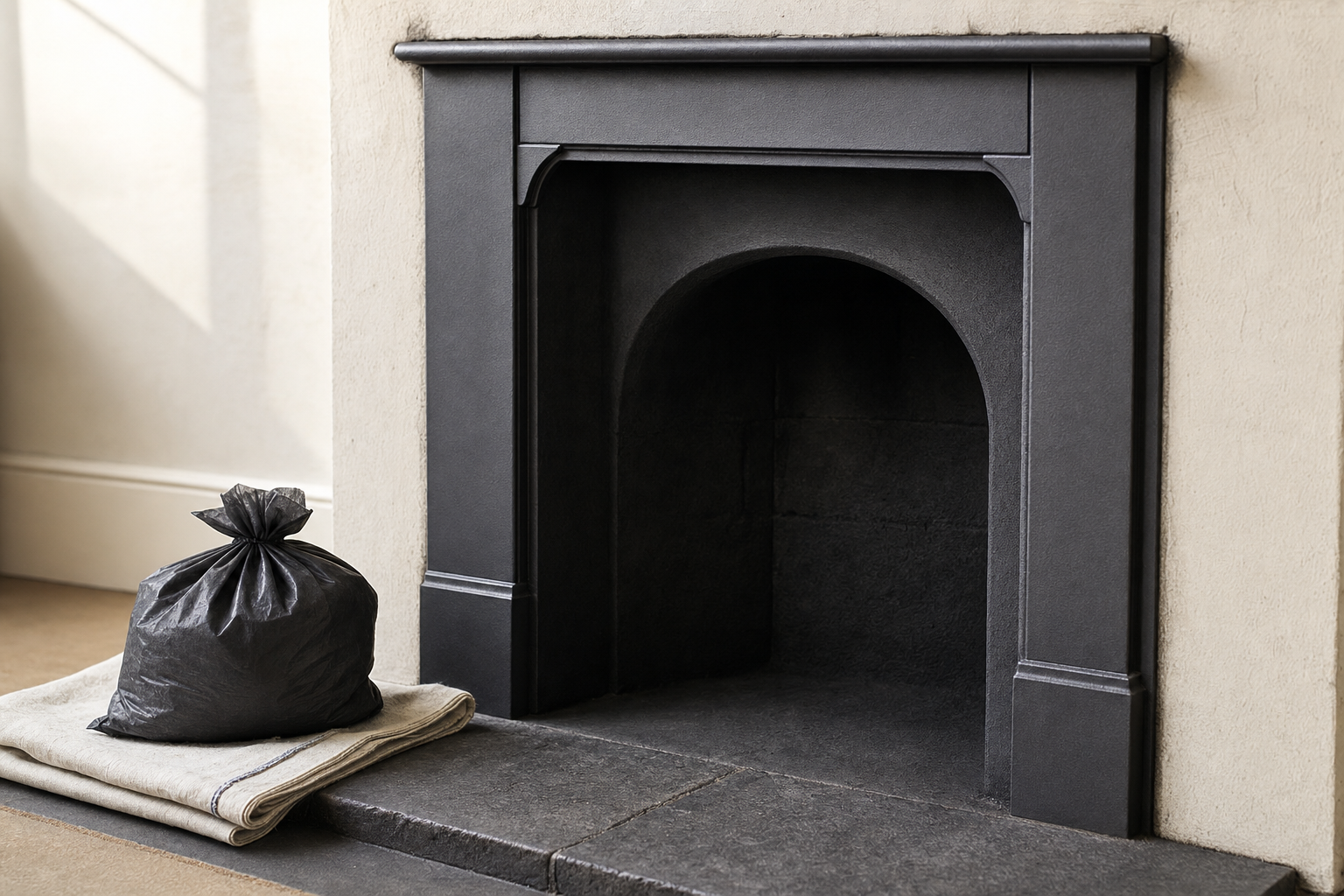 A black bag sits on folded fabric in front of a dark, elegant fireplace.