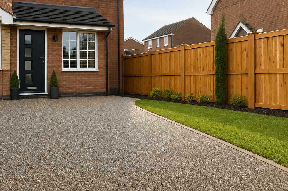 Modern house entrance with a black door, adjacent gravel driveway, wooden fence, and tidy lawn.
