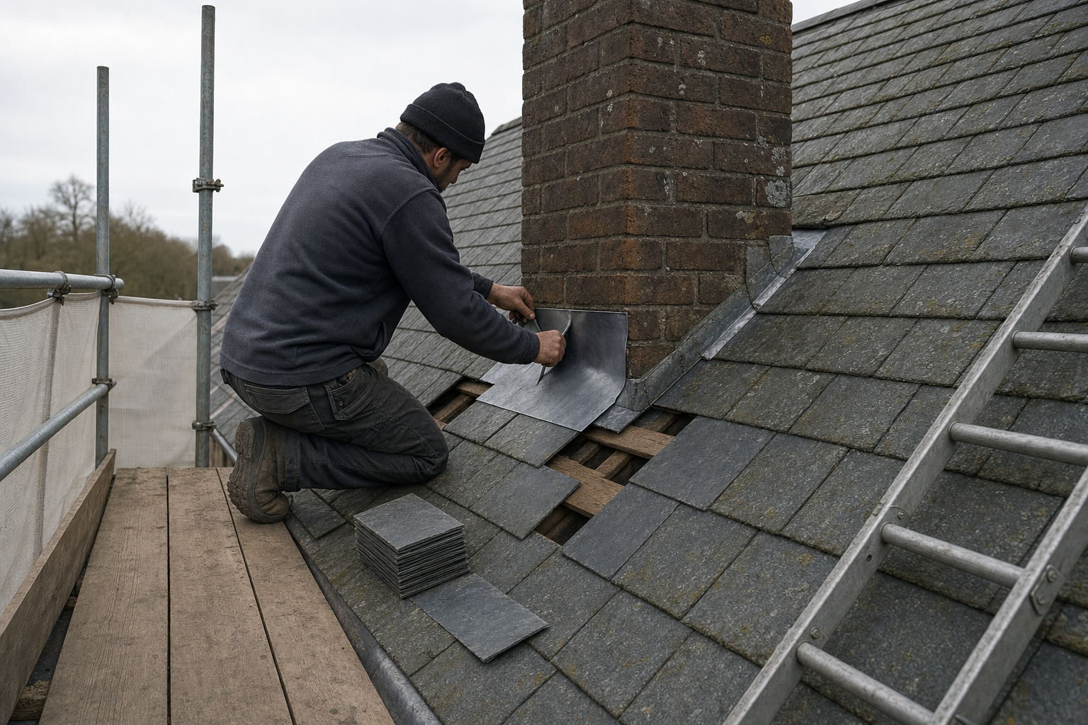 Roofer installing slate tiles next to a chimney on a scaffolded roof.