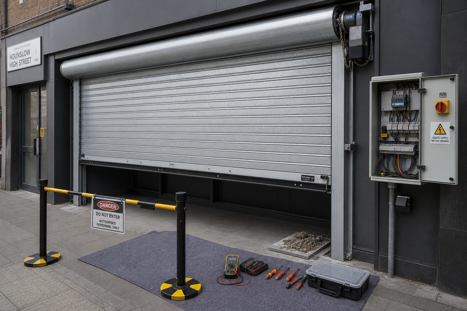 Technician holding a garage door component next to a tool cart with various tools.