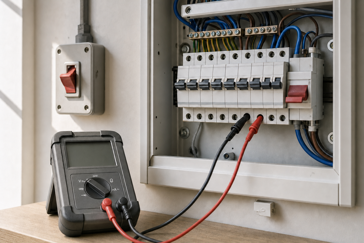 Digital multimeter measuring voltage in an open electrical circuit breaker box.