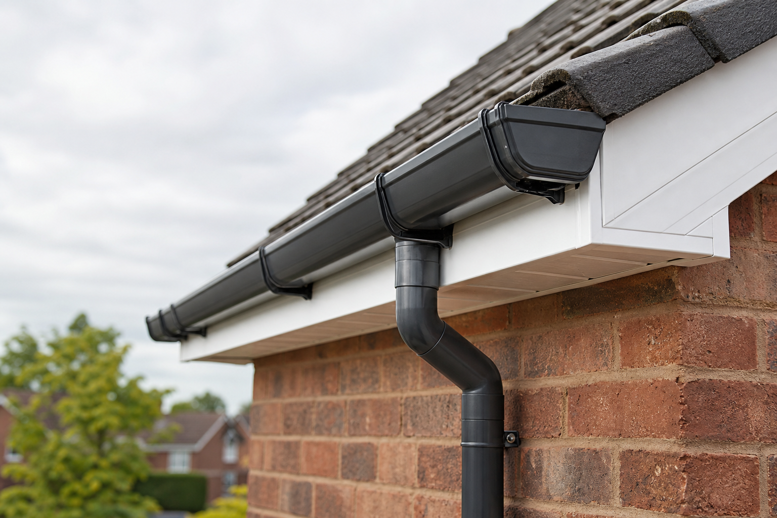 Black plastic guttering attached to the roof edge of a brick house with a cloudy sky in the background.