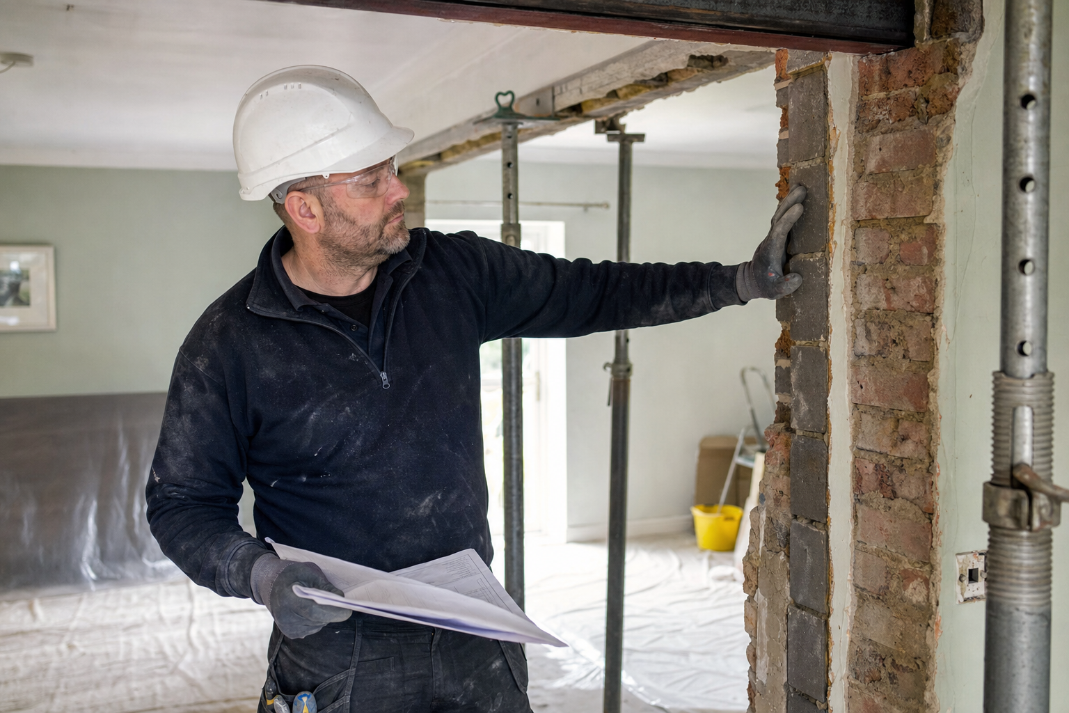Builder in a hard hat inspects a partially exposed brick wall during a home renovation project.