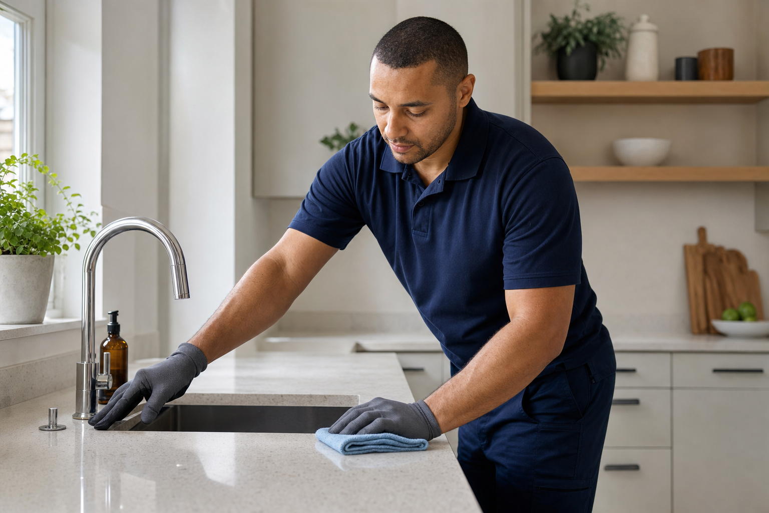 A man in a navy uniform cleans a kitchen counter with a cloth, surrounded by plants and kitchen utensils.