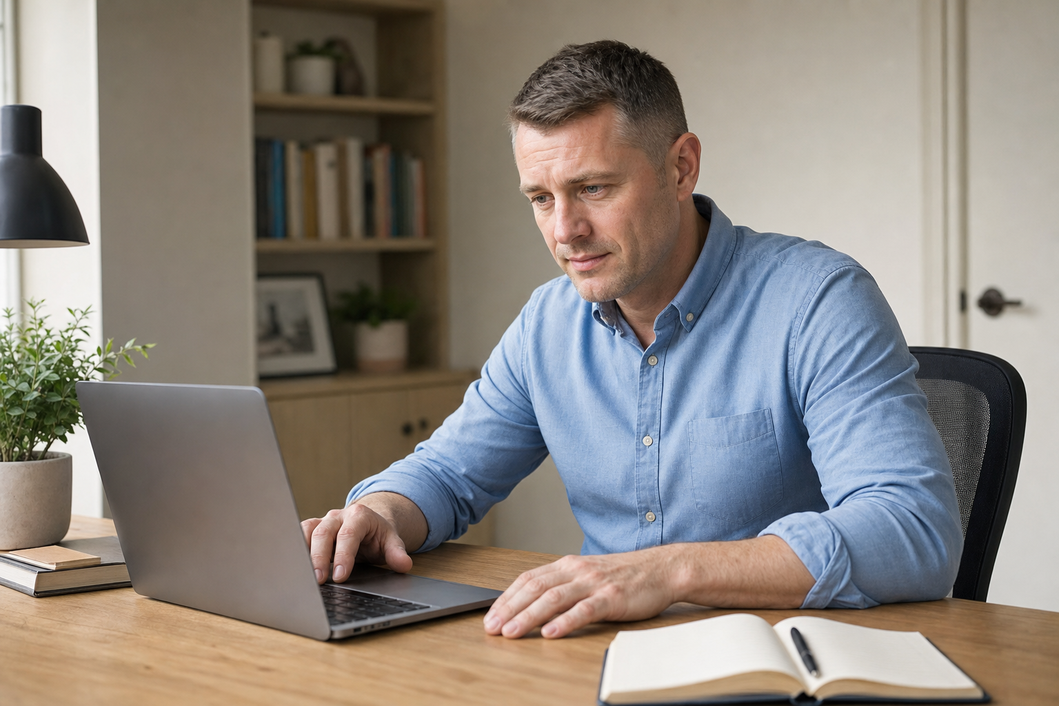 Man in a blue shirt working on a laptop at a wooden desk with a notebook and potted plant nearby.