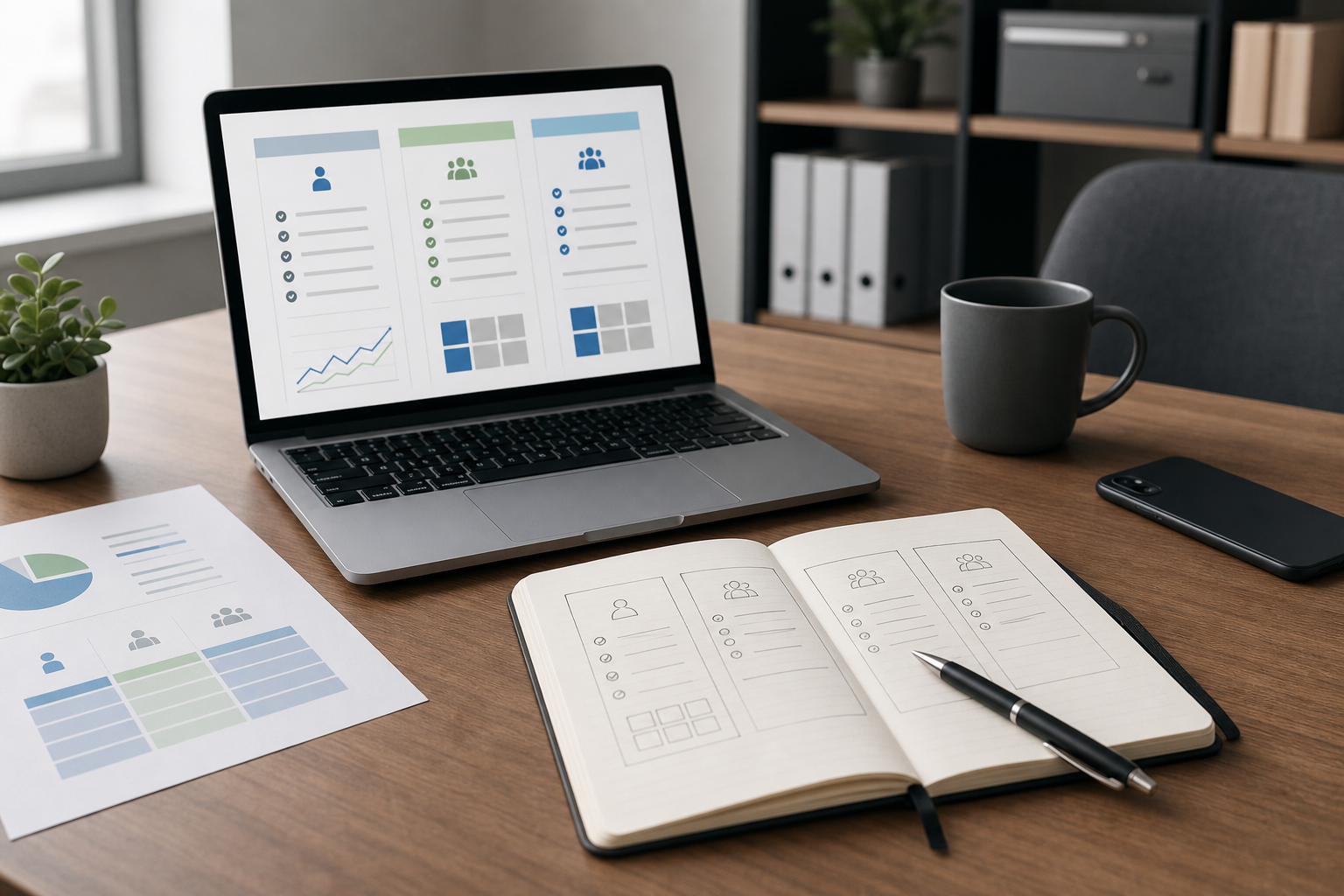 Laptop displaying graphs and lists beside an open notebook with sketches on a wooden desk.