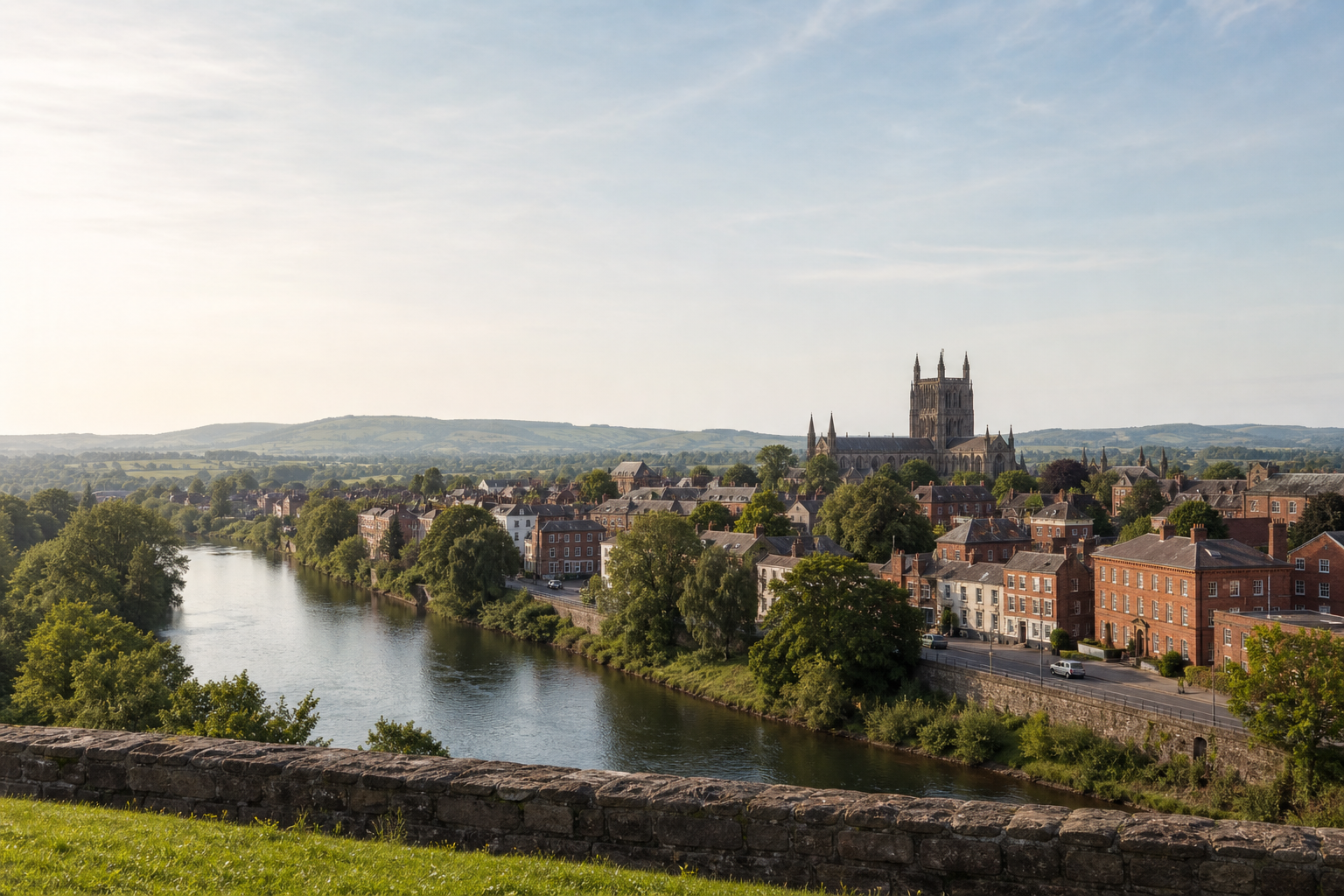 Historic townscape by the river features a cathedral, surrounded by verdant trees and rolling hills under a clear sky.