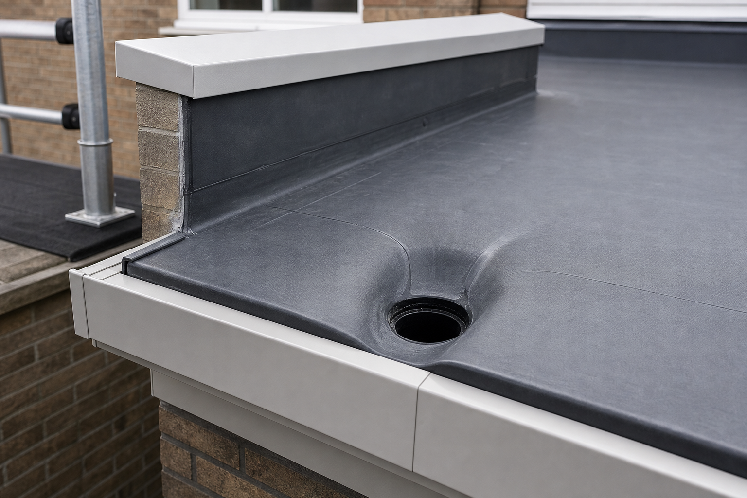 Flat roof with dark rubber membrane featuring a drainage hole at the corner near a brick wall.