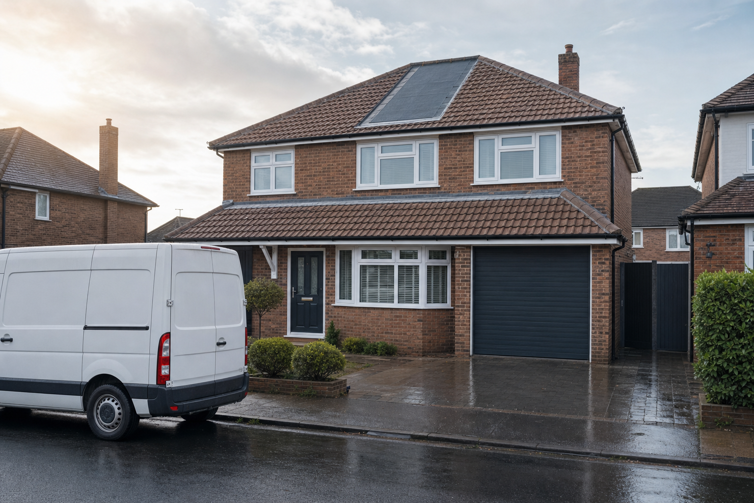 A white van parked on a wet street in front of a red-brick house with solar panels on the roof.