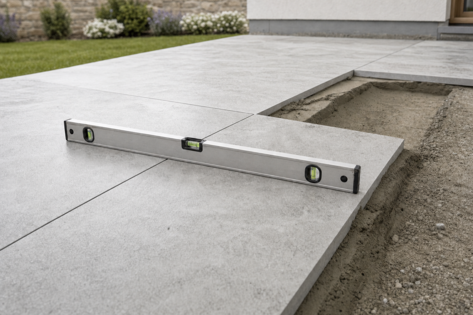 A spirit level rests on newly laid patio tiles, with one tile missing, revealing sand beneath.