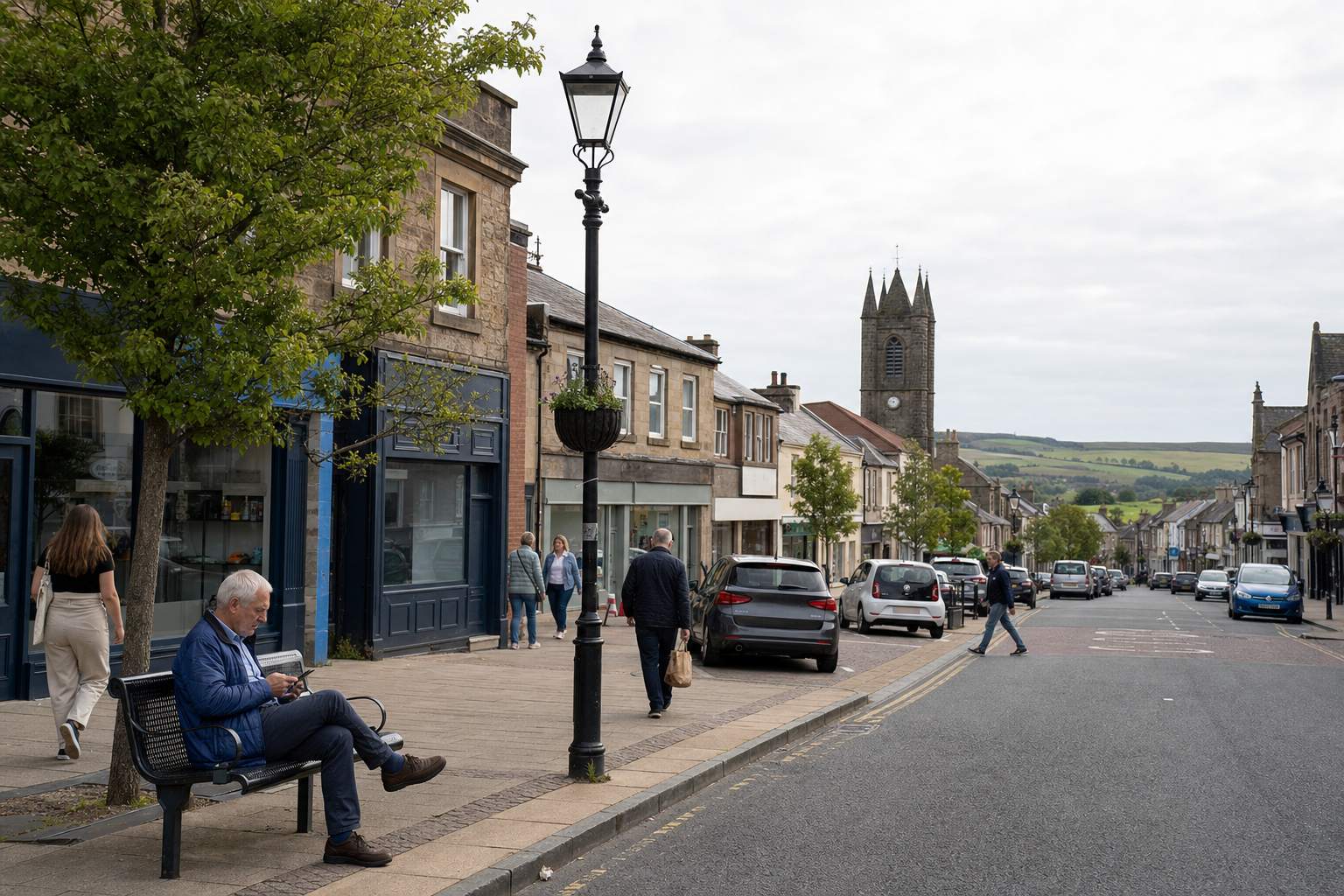 A man sitting on a bench uses his phone on a quiet British high street with a church tower in the background.