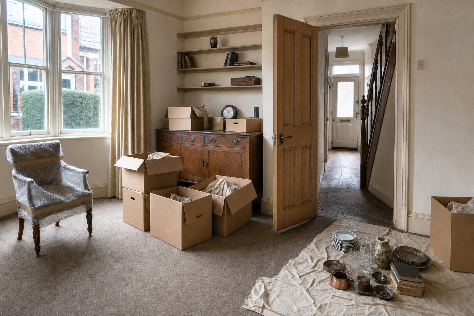 Living room with packed moving boxes, an armchair covered in bubble wrap, and assorted items on a cloth.